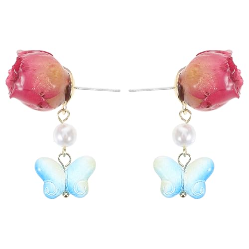 minkissy 1 Paar Schmetterlingsohrringe Mit Getrockneten Rosen Im Französischen Stil Für Frauen Romantischer Blumenschmuck Für Hochzeiten Partys Und Alltägliche Eleganz von minkissy