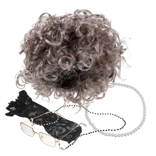 minkissy 1 Satz Großmutter Perücke Set mit Grauer Perücke Brille Kette Halskette für Kostüm für Karneval Halloween Verwandelt eine Überzeugende Alte von minkissy