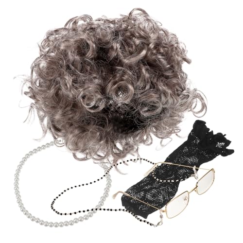 minkissy 1 Satz Oma Perücke Set Gläser UV Brillenkette für Erwachsene für Großmutter Oma-Brille Oma graue Perücke Brillen für alte Damen Alte Damenperücke grau Perle von minkissy