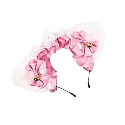 minkissy 1 Stück Katzenohren Haarreif mit Glocken Lustiger Plüschiger Kopfschmuck für Damen für Kostümpartys Cosplay und Katzenkostüme Rosa Spitze und Weiße Ohren von minkissy