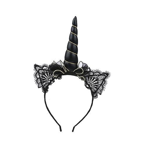 minkissy 1stk Stirnbänder Für Mädchen Glitzernde Hörner Einhorn-stirnband Für Mädchen Spitzen-ohr-haarreifen Schwarze Einhorn-kopfbedeckung Halloween-partyzubehör Die Blumen Eisenkopf Kind von minkissy