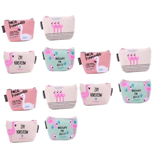 minkissy 12 Stück Canvas Münzbeutel Flamingo Kleine Damen Mini Geldbörse mit Reißverschluss Leichte Cartoon Portemonnaie für Münzen Karten und Schlüssel Waschbar und Robust für Reise und von minkissy