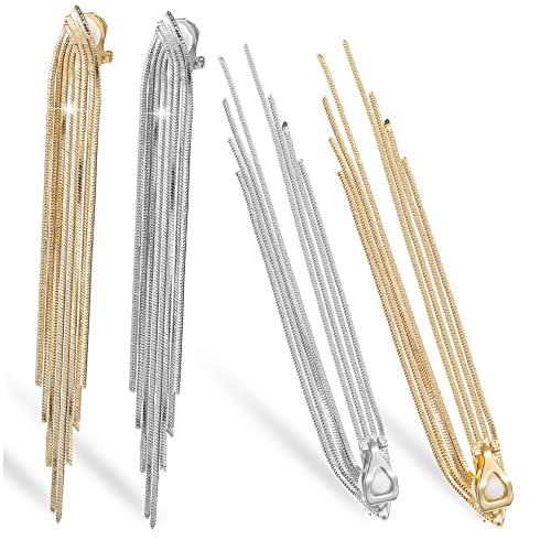 minkissy 2 Paar Lange Quasten Ohrclips Für Frauen Stilvolle Tropfenohrringe Aus Metall Hypoallergen Für Hochzeiten Und Formelle Anlässe Silber Und Gold von minkissy