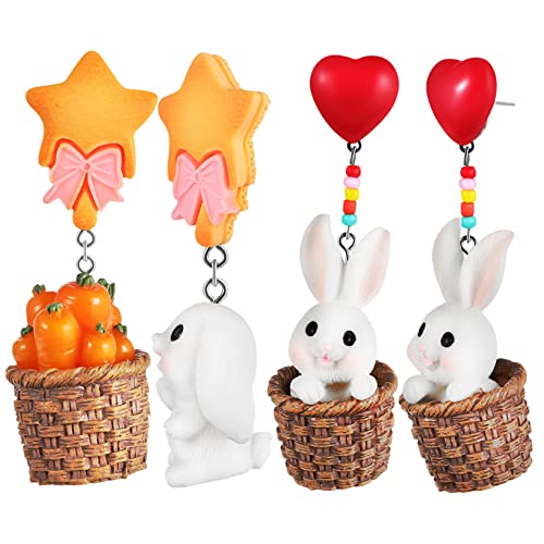 minkissy 2 Paare Osterohrringe Hase Karotte Ohrhänger Cartoon Design Silber Dangle Schmuck für Damen Mädchen Festliche Frühling Accessoires von minkissy