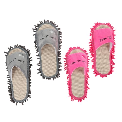 minkissy 2 Paare Wischmopp hausschuhe aus Chenille Waschbar Wiederverwendbar Rutschfest Leise Bodenreinigung Slippers für Erwachsene Staub Tierhaarbeseitigung Mittel Rosa Klein von minkissy