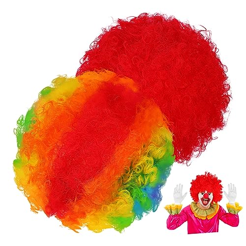 minkissy 2 Stück Clown Perücken Regenbogen Rot Lustige Afro Wigs für Halloween Kostümpartys Disco Themen Leicht Einfach zu Tragen von minkissy