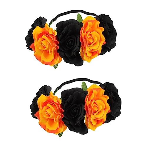 2st Stirnband Mexikanische Blumenkrone Turban Halloween-haargirlande Blumenstirnbänder Für Frauen Mexikaner Cosplay-kopfbedeckung Rose Haarschmuck Kranz Seide Braut Elastisch von minkissy