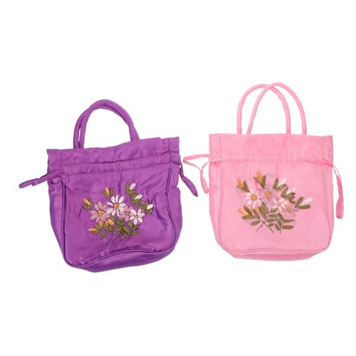 minkissy 2 Stück Teiliges Gesticktes Handtaschen Damen Ethnischer Stil mit Blumenmuster Geräumige Stofftasche mit Kordelzug Modische Handtaschen für Alltag Partys und Geschenkidee von minkissy
