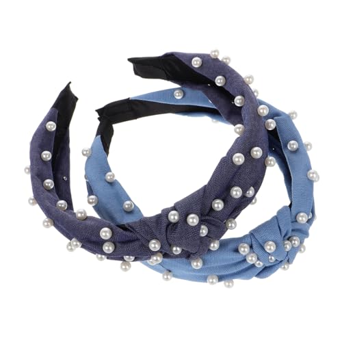 minkissy 2 Stück Teiliges Jeans Stirnbänder mit Knoten Weiche Bequeme Haarschmuck für Damen und Mädchen Perlen Stirnbänder und Dunkelblau Rutschfeste Haarreifen für Alltag von minkissy