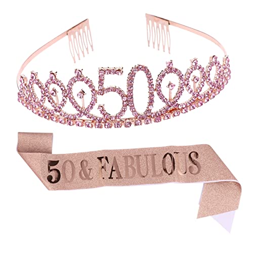 minkissy Party- Zum 50. Geburtstag 2er-set Geburtstagsschärpe Krone Kristall-haarkamm Party-etikette-gürtel Roségold-schärpe Für Mädchen von minkissy