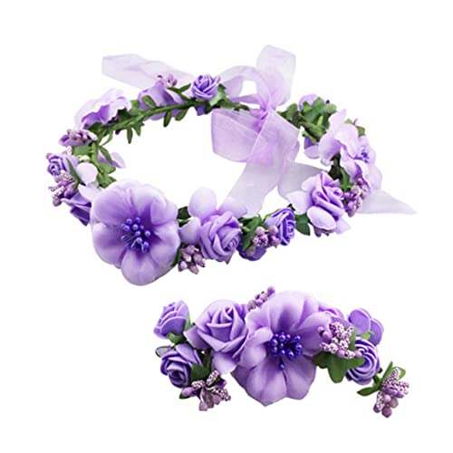 minkissy 2st Hochzeitsblumenstirnband Hochzeits Armband Brautblum- Kopfbedeckung Braut Kopfbedeckung Blumenkranz Für Haare Blumenkopfschmuck Blumenhaarband Kind Haarschmuck Violett Fee von minkissy