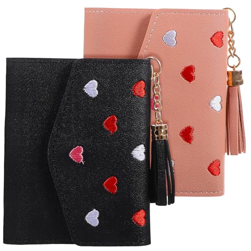 minkissy 2stücke Herz-geldbörse Aus Pu-Material Dreifach Gefaltet Kartenhalter Für Damen Mit Stickerei Zum Aufbewahren Von Karten Kleingeld Und Münzen Kompakt Und Tragbar Für Alltag von minkissy