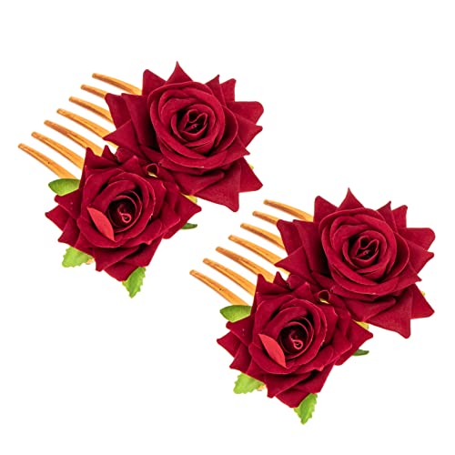 minkissy 2pcs Rose Haar Kamm Braut Kopfschmuck für Hochzeit Künstliche Rose Haar Zubehör für Mädchen Braut Haar Kamm Braut Rose Haar Kamm Braut Haar Kamm Braut Haar Kamm Schmuck Miss Red von minkissy