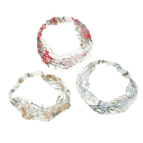 minkissy 3 Stück Teiliges Damen Stirnband mit Retro Blumenstickerei Elastisch Breiter Spitzen Haarreif in Champagner Hellblau und Rot Leicht und Bequem für Alltag Party und Fotoshootings von minkissy