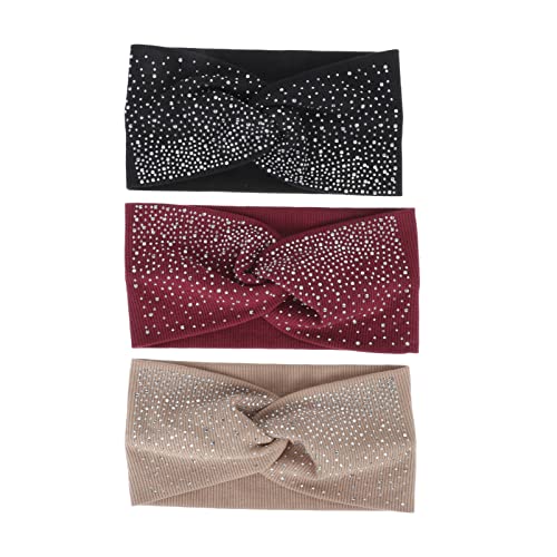 minkissy 3 Stück und Slip Fashion Headwraps Strick-Stil Kreuz Dekors Kopf Stretch Elastisches Haarband Make-up Zubehör Krempe Frauen Kopfbedeckung Strass Übungsband von minkissy