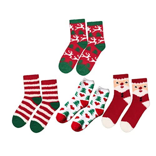 minkissy 4 Paar Weihnachtssocken, Stiefelsocken für Damen, passende Bademäntel für Paare, Set Socken für Kinder, Korallen-Fleece, Weihnachtssocken, Weihnachtssocken, geschwollene Hausschuhe für Damen, von minkissy