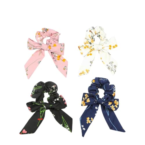 minkissy 4 Stück Haarschal Mit Schleife Frauen Haargummi Scrunchie Pferdeschwanzhalter Haargummi Schal Elastischer Haargummi Bowknot Pferdeschwanzhalter Langes Haarband Blumen Kind von minkissy