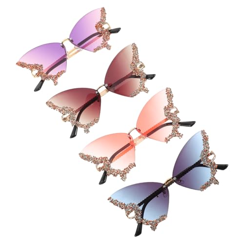 minkissy 4 Stück Teiliges Damen Schmetterling Sonnenbrillen mit Funkelnden Strasssteinen Uv Schutz Randloses Vintage Design Leichter und Komfortabler Sitz für Fotoshootings und von minkissy