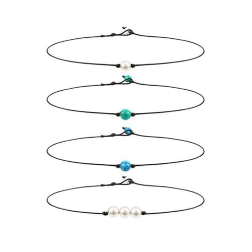 minkissy 4stücke Teilige Perlen-halskette Aus Lederseil Perlenketten Für Damen Lederkordelketten Türkisfarbene Accessoires Einfach Zu Tragen Für Jeden Anlass Geeignet von minkissy