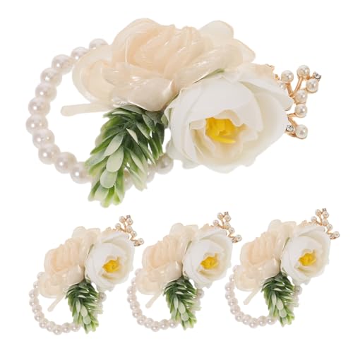 minkissy 4 Stück Weiße Braut Handgelenkblumen mit Perlen Leichte Handgefertigte Hochzeit Wrist Corsage Armbänder für Braut Brautjungfern Eleganter Hochzeitsschmuck für Feier Ball von minkissy