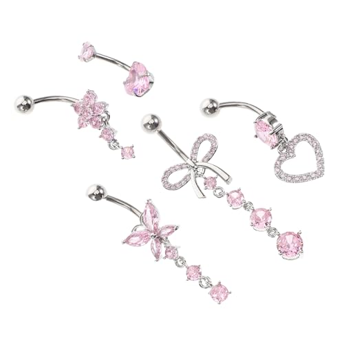 minkissy 5 Stück Teiliges Bauchnabelpiercing Edelstahl mit Zirkonia Herz und Blumen Anhänger Langlebiger Schmuck für Damen Sicherer Sitz für Strand Party und Alltag von minkissy