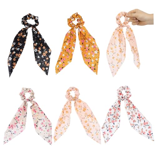 minkissy 5 Stück Teiliges Elastische Haargummis mit Floralem Druck Langes Schleifen design Modische für Frauen und Mädchen Bequem und Dehnbar für Weihnachten und Bühnenauftritte von minkissy