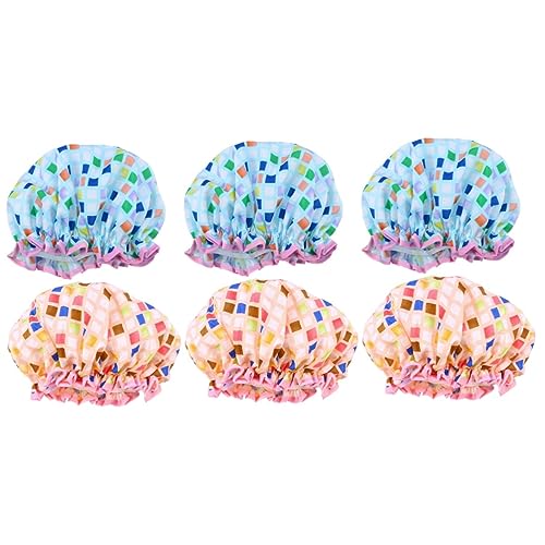 minkissy 6stücke Wasserdichte Duschhaube Aus Eva Doppellagige Weiche Duschmütze Für Damen Blau Und Beige Zum Duschen Spa Für Haarpflege Elastisches Band Für Perfekten Sitz von minkissy