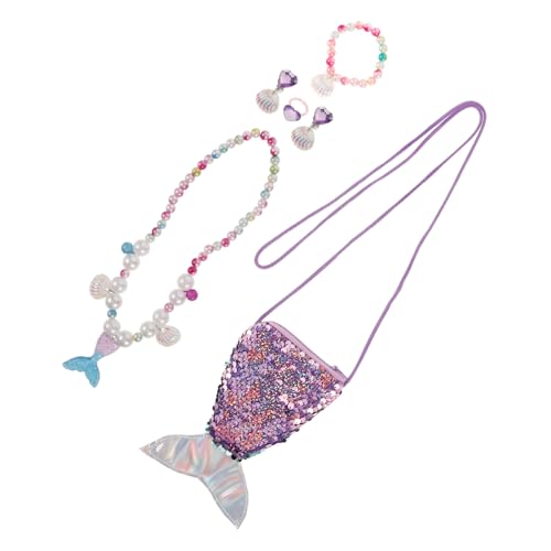 minkissy 6Stücke Teiliges Meerjungfrauen Schmuckset Für Kleine Geldbörse Muschelarmband Halskette Ring Ohrringe Und Haaraccessoires Prinzessinnen Anziehzubehör von minkissy
