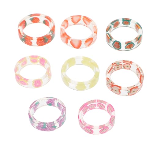 minkissy 8 Stück Teiliges Kreative Damenringe mit Fruchtigem Resin Design Sommerliche Zitronen und Erdbeermuster Hautfreundlicher Schmuck für Mädchen und Frauen von minkissy
