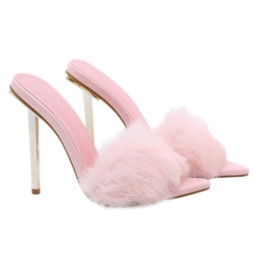 minkissy Bequeme Damen Sandalen High Heels Rosa Sommer Sandaletten mit Fellspitze Leicht Atmungsaktiv Modisch und Strapazierfähig von minkissy