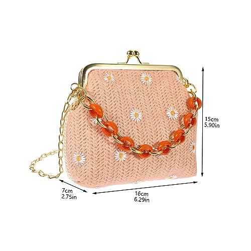 minkissy Bohemia Stroh Strandtasche Damen Rosa Handtasche mit Spitze und Blumenstickerei Sommerliche Umhängetasche für Freizeit Strand Party Leicht und Geräumig von minkissy