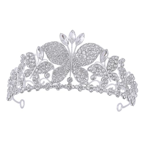 minkissy Braut Tiara Krone mit Schmetterlingsdesign Silberfarbene Strass Haarschmuck für Hochzeit Partys Abschlussball Verstellbares Komfortables Stirnband für Damen von minkissy
