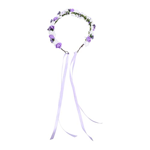 minkissy Brautjungfer Kinderkranz Mädchen-stirnband Halo-kopfschmuck Mit Band Blumenstirnband Für Die Hochzeit Brautblumenkrone Kleiner Kranz Blumenmädchen Violett Strandurlaub Pe-schaum von minkissy