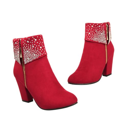 minkissy Damen Ankle Boots mit Dickem Absatz und Funkelnden Details Bequeme Robuste Hochzeits Stiefeletten für Herbst Winter Geeignet für Festliche Anlässe und Stilvolle Kleider Rot von minkissy