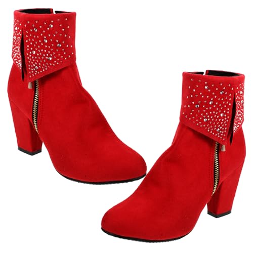 minkissy Damen Ankle Boots mit Grobem Absatz Rote PU Kurzstiefel mit Strassverzierung Gefüttert Rutschfeste Gummisohle Stilvolle Herbst Winter Brautschuhe für Hochzeit Party und Festliche von minkissy