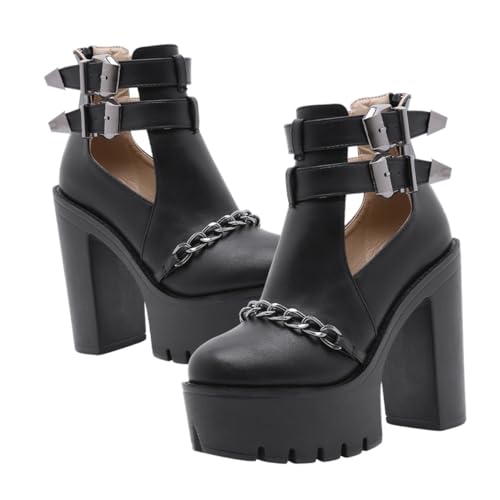 minkissy Damen Ankle Boots mit Nieten und Ketten Wasserdichte Kurze Stiefeletten mit Dickem Blockabsatz Rutschfeste PU Oberfläche Bequemes Innenfutter Modische Schwarze Schuhe von minkissy