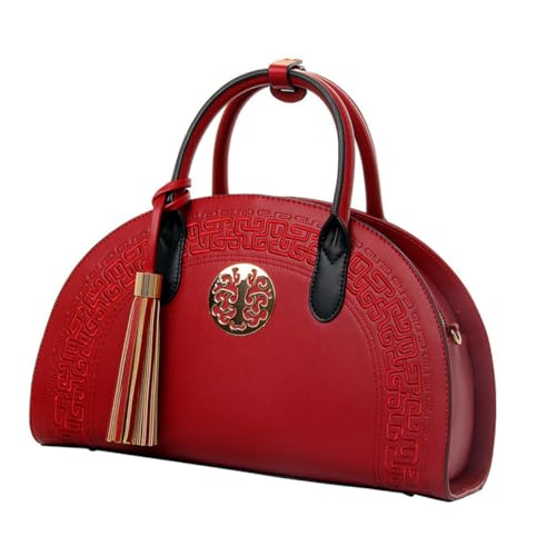 minkissy Damen Handtasche Vintage Umhängetasche mit Chinesischem Muster und Quaste Große Kapazität Tote Bag für Büro Studenten und Outdoor Stilvolle Stofftasche in Weinrot von minkissy