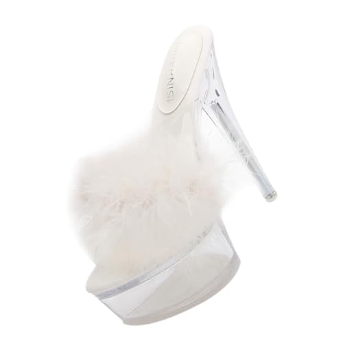 minkissy Damen High Heel Sandalen mit Dünnem Absatz Transparente Kristalloptik Flauschige Verzierungen Bequeme Modische Sommer Slippers für Alltag und Party von minkissy