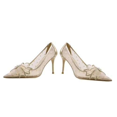 minkissy Damen High Heels mit Spitzen Netz und Schleife Atmungsaktive Netzstoff Pumps Elegante Spitze Absatzschuhe für Frühling und Sommer Bequeme Damenschuhe mit Kristall Bogen Beige von minkissy