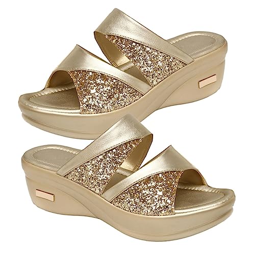 minkissy Damen Keilsandalen mit Dicker Sohle Sommer Slipper Fischmaul Design Komfortabel Modisch Gold Geeignet für Freizeit Strand und Alltag von minkissy