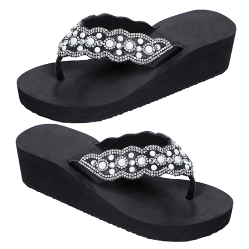 minkissy Damen Sandalen Sommer Keilabsatz mit Perlen und Wasser Verzierung Rutschfeste Strandschuhe Komfortable Flache Flip Flops für Strand und Alltag Schwarz von minkissy