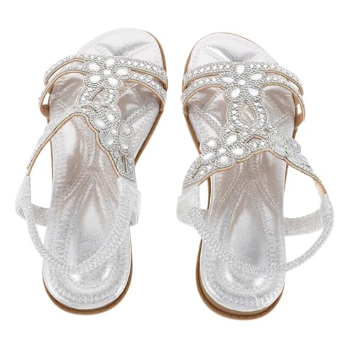 minkissy Damen Sandalen mit Funkelnden Strasssteinen Bequeme Sommerschuhe für Strand und Alltag Leichte Atmungsaktive Freizeit Sandalen in Silber von minkissy