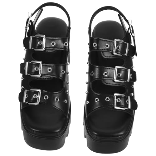 minkissy Damen Sandalen mit Nieten Dicken Plateauabsatz Römischer Stil Punk Design Schwarz Modische Atmungsaktive Komfortable Schuhe für Alltag und Besondere Anlässe von minkissy