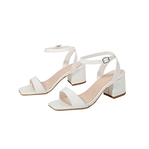 minkissy Damen Sandaletten mit Blockabsatz Weiße Sommerliche Outdoor Schuhe PU Material Rutschfeste Gummisohle Quadratische Zehenpartie für Alltag und Besondere Anlässe von minkissy