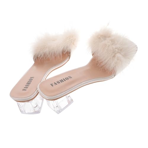 minkissy Damen Slipper Sommer Chunky Heel Sandalen Offene Zehen PU Material Bequeme Hausschuhe für Innen Außen Freizeit Strand Beige von minkissy