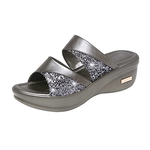 minkissy Damen Sommerschuhe mit Dicker Keilsohle Offene Fischmaul Slipper Bequeme Outdoor Pantoletten Graue Keilsandalen für Alltag und Strand Atmungsaktiv und Langlebig von minkissy