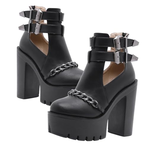 minkissy Damen Stiefeletten mit Nieten und Ketten Dicke Sohle Hoher Blockabsatz Rutschfest Atmungsaktiv Elastisch Modische Knöchelboots für Alltag und Party Schwarz von minkissy