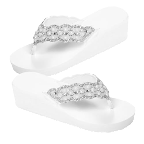 minkissy Damen Strandschuhe mit Perlen und Diamanten Rutschfeste Sommer Flops mit Keilabsatz Weiße Sandalen für Strand und Outdoor Bequeme Sommerschuhe Flip Flops von minkissy