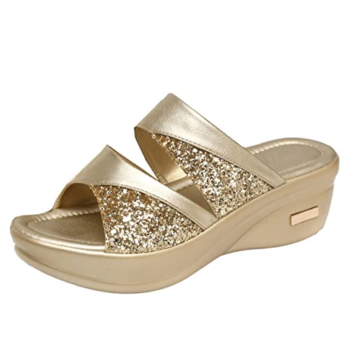 minkissy Damen Wedges Slipper mit Dicker Keilsohle Sommerliche Casual Sandalen mit Offenem Zehenbereich Goldfarbene Plateau Pantoletten und Modisch für Alltag und Strand von minkissy