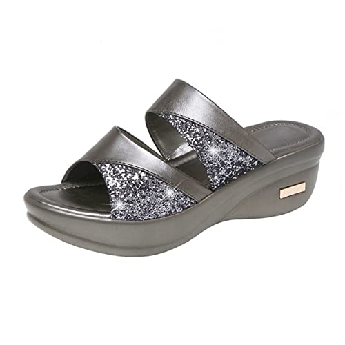 minkissy Damen Wedgesandalen Sommer Slipper mit Dicker Keilsohle Graue Offene Fischmaul Optik Bequeme Outdoor Mom Schuhe Freizeitschuhe Rutschfest und Strapazierfähig von minkissy